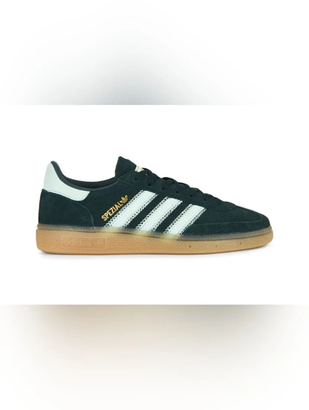 adidas Spezial Women'Suede Sneaker in Dark Green with White Stripes and Gum Sole